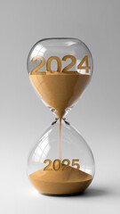 hourglass showing the numbers 2024 at the top and 2025 at the bottom, set against a clean white background, symbolizing the passage of time and the transition into the new year.