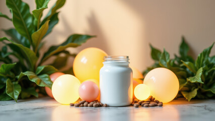 "Nicotinamide Adenine Dinucleotide (NAD) supplement surrounded by decorative lights and plant accents."