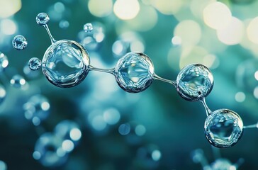 Close-up of water molecules, with a blurred background and a blue-green color theme. 