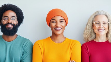 Three people are smiling and wearing colorful clothing. They are posing for a photo together. The man is wearing a green shirt, the woman is wearing a yellow shirt. They all have glasses on