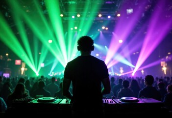 DJ at Concert with Colorful Lighting
