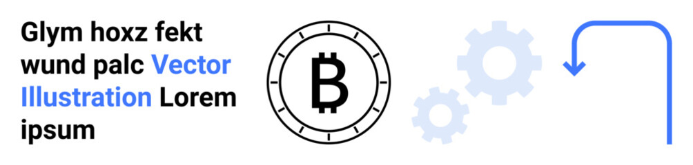 Bitcoin symbol in a circle, light grey gears, and blue arrow forming a minimalistic cryptocurrency and blockchain concept. Ideal for digital currency, blockchain, fintech, finance, technology