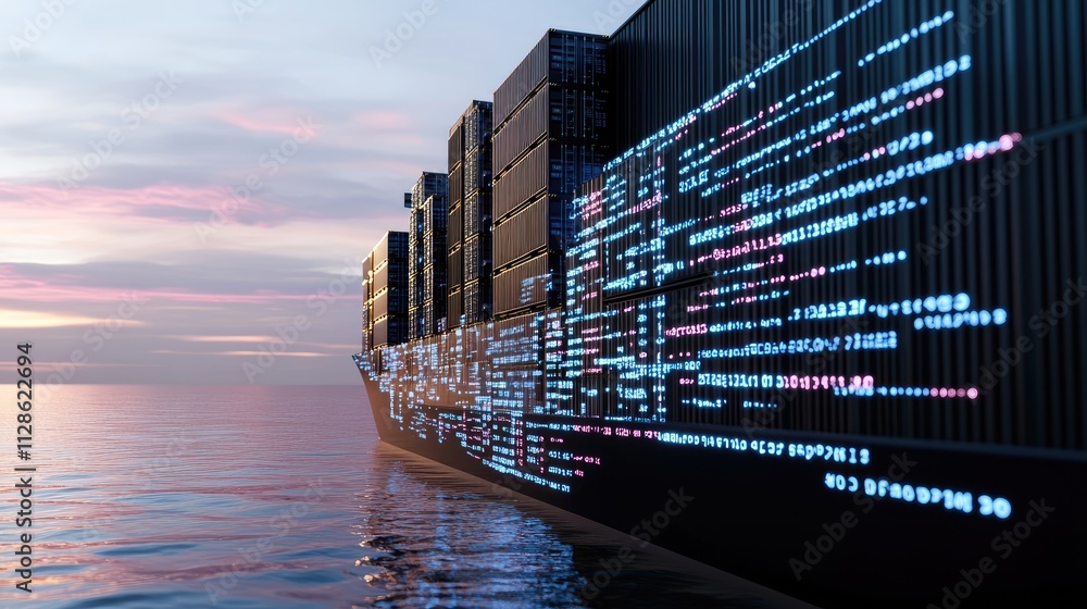 Poster digital illustration displays an ocean freight ship surrounded by containers and vibrant data visual