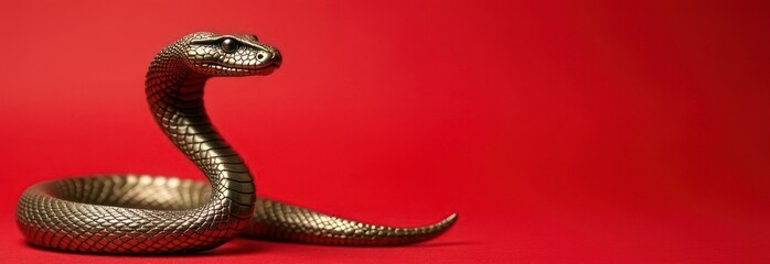 Obraz premium Beautiful bronze snake, banner, red background, place for text, New Year