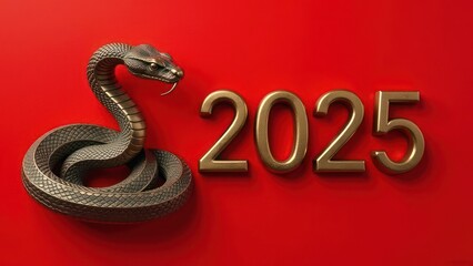 Beautiful bronze snake, banner, red background, New Year, numbers 2025