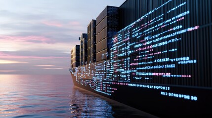 Digital illustration displays an ocean freight ship surrounded by containers and vibrant data visualizations, symbolizing global trade