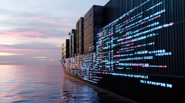 Digital illustration displays an ocean freight ship surrounded by containers and vibrant data visualizations, symbolizing global trade