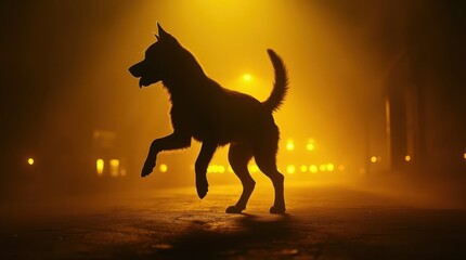 Naklejka premium Neon Laser Dancing Silhouette Dog