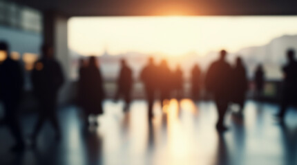 Blurred silhouettes of people in a large station or airport building with windows through which the bright rays of the setting sun break through