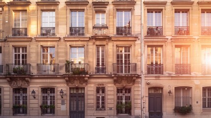Obraz premium Elegant Parisian architecture, modern minimalist building, full wall with windows and doors, sunny afternoon, serene urban scene, no people present.