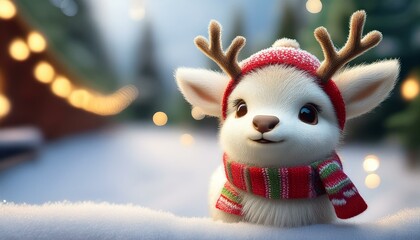 Little cute baby reindeer on winter Christmas day in warm winter clothes waiting for the parents to return from giving gifts to the children. Illustration of a small fictional creature,copy text space
