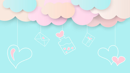 Paper Cut Background with 3D Clouds, Doodle Hearts and Icons for Valentine's Day, Happy Women, Mothers, Birthday. Vector Desighn Template Design Concept Love Banner for Social Media, Web, Marketing.
