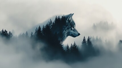 A mystical wolf emerges from a foggy forest, blending nature with fantasy in a serene atmosphere.