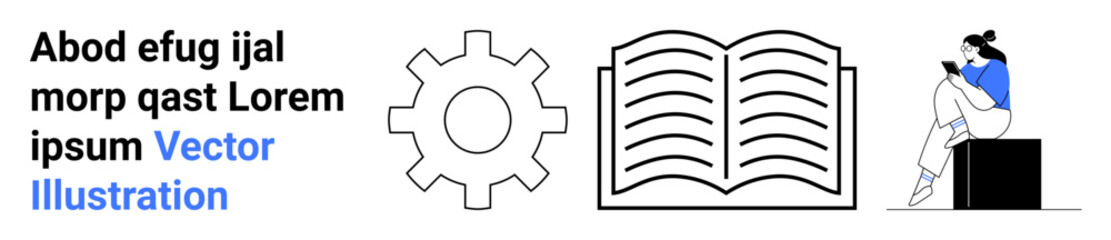 Text block alongside a gear icon, open book, and woman sitting on a stool reading. Ideal for educational themes, learning, knowledge dissemination, technical concepts, user manuals, reading habits