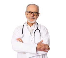 Smiling medical senior doctor with stethoscope. Isolated over transparent background. PNG transparent.
