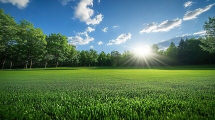Beautiful green grass lawn with trees and a blue sky background.