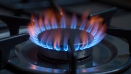 Close-up view of a gas stove burner with a vibrant blue flame. World Energy Day. 