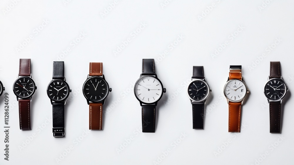 Poster a colorful array of wristwatches lined up, featuring different styles, colors, and materials, perfec