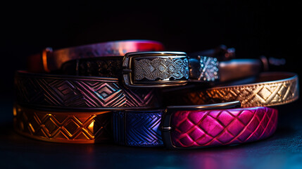 A collection of colorful patterned leather belts with intricate buckles