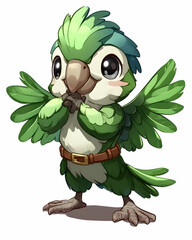 Adorable cartoon green parrot with large eyes, wearing a brown belt, standing with wings outstretched.