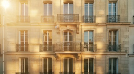 Elegant Parisian architecture, modern minimalist building, full wall with windows and doors, sunny afternoon, peaceful atmosphere, no people visible.