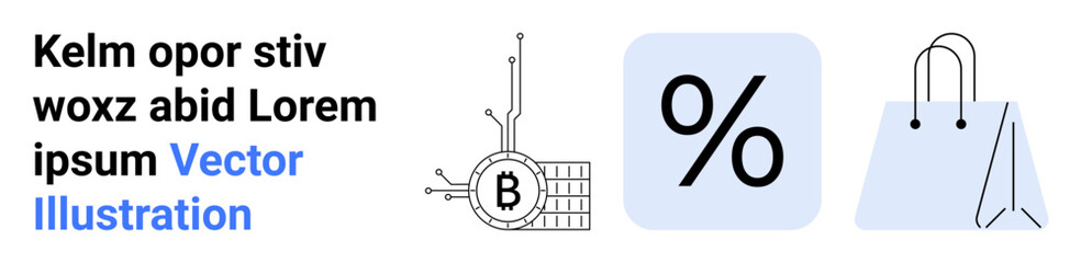 Cryptocurrency symbol with circuit, percentage sign in blue box, and shopping bag. Ideal for fintech, e-commerce, online discounts, blockchain, retail marketing, digital currency, and technology