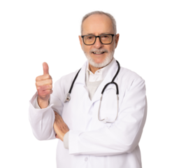 Senior grey-haired doctor man standing over transparent background happy face smiling with thumb up looking at the camera. Positive person. PNG transparent.