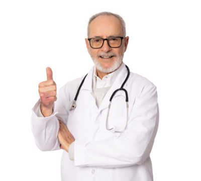 Senior grey-haired doctor man standing over transparent background happy face smiling with thumb up looking at the camera. Positive person. PNG transparent.