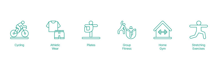 Active Living Icon Set - Vector Illustrations for Cycling, Athletic Wear, Pilates, Group Fitness, Home Gym, and Stretching Exercises