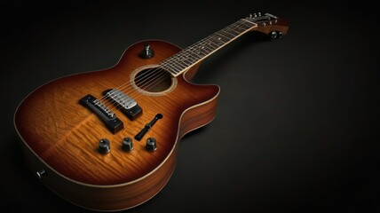 Sunburst acoustic guitar on dark background.