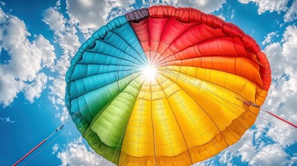 Obraz premium Colorful parachute canopy against a bright blue sky with fluffy clouds.