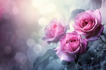 Lovely pink roses blooming in soft light with blurred background effects during springtime