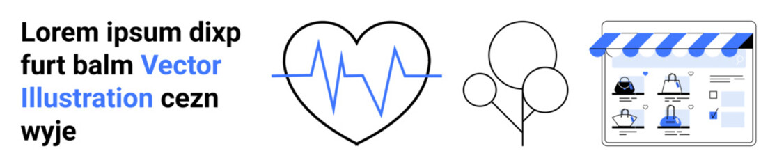 Marketing text with blue, black characters, heartbeat in black heart shape with blue pulse lines, and minimal balloons. Web store interface display with shopping options. Ideal for healthcare