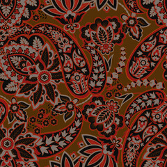 Turkish Cucumber Paisley seamless vector pattern in traditional Oriental style. Decorated with flowers, leaves, and fantasy elements, for fabric, textile and wallpaper covers