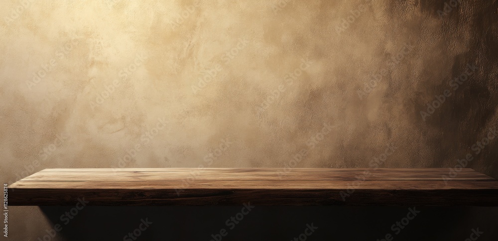 Poster empty wooden table top with a beige wall background for product display, presentation, and decoratio