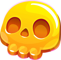 Golden skull icon, game asset or mobile app button. Isolated cartoon vector glossy yellow metal skull with large eye sockets and teeth combines spooky and cute elements for Halloween or pirate games