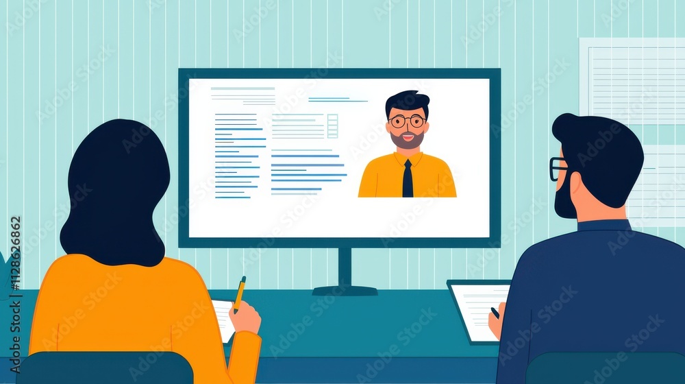 Poster a modern workspace featuring two people video conferencing with a man on screen, engaging in a profe