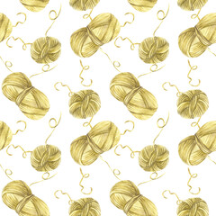 Skein of knitting thread seamless pattern. Watercolor Green yellow pastel coloured ball of yarn clipart. Hand drawn illustration in realistic style. Handmade fabric design on isolated white background