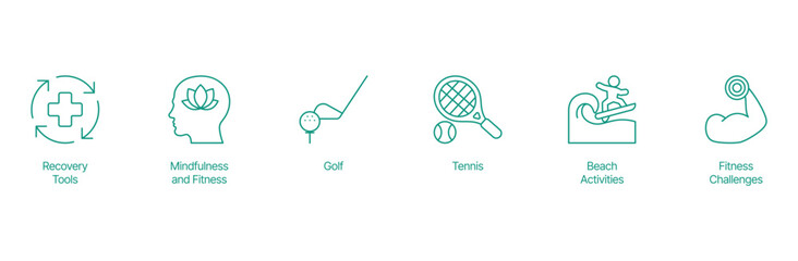 Health and Leisure Icon Set - Vector Illustrations for Recovery Tools, Mindfulness, Golf, Tennis, Beach Activities, and Fitness Challenges
