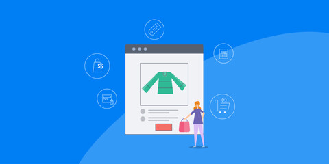 Online shopping seamless checkout process, woman with shopping bag standing in front of ecommerce web store.