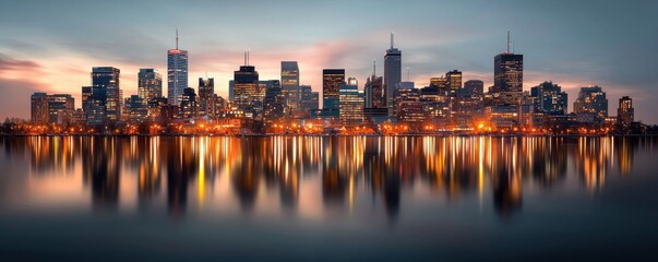 Naklejka premium Dusk cityscape illuminated office buildings in business district