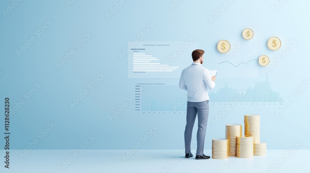 Poster a professional analyzing financial data with stacked coins and graphical representations of growth o