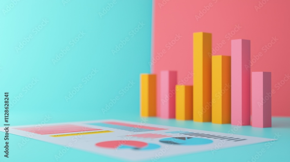 Poster a colorful data visualization featuring bar graphs and charts on a bright surface, illustrating anal