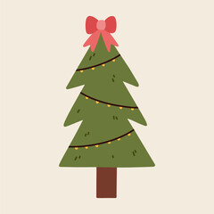 Cute decorated Christmas tree isolated on a white background. Vector hand-drawn flat illustration. Perfect for holiday designs, cards, decorations, logo.
