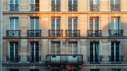 Elegant Parisian building facade, minimalist design, complete wall with windows and doors, sunny afternoon light, peaceful urban setting, no people.