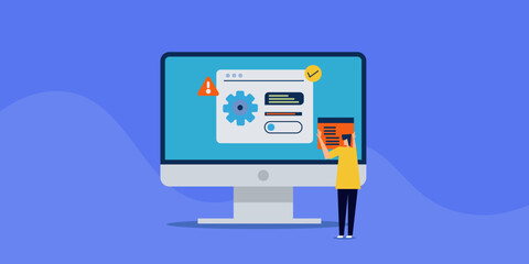 Software application update and computer system maintenance, bug fixing installing new version technical engineering concept.
