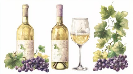 Delicate arrangement highlights two wine bottles and a glass filled with white wine, surrounded by luscious green grape leaves and rich purple grapes, evoking a sense of sophistication.