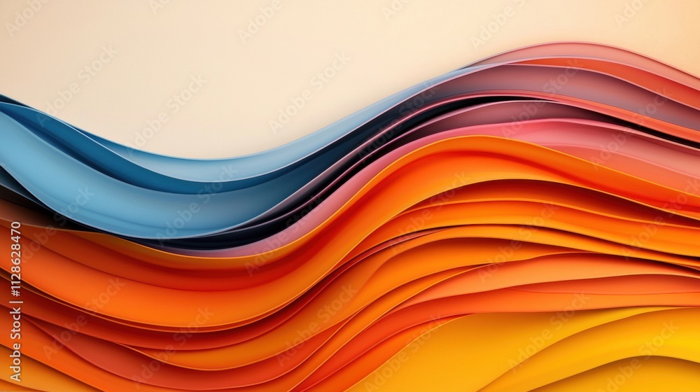 Poster a vibrant abstract design featuring flowing waves in shades of blue, orange, and red, creating a dyn