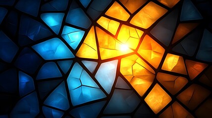 Abstract mosaic of blue and orange glowing glass shards.