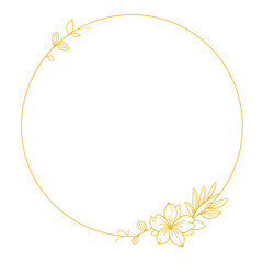 Round golden floral wreath frame with hand drawn flowers and leaves decoration